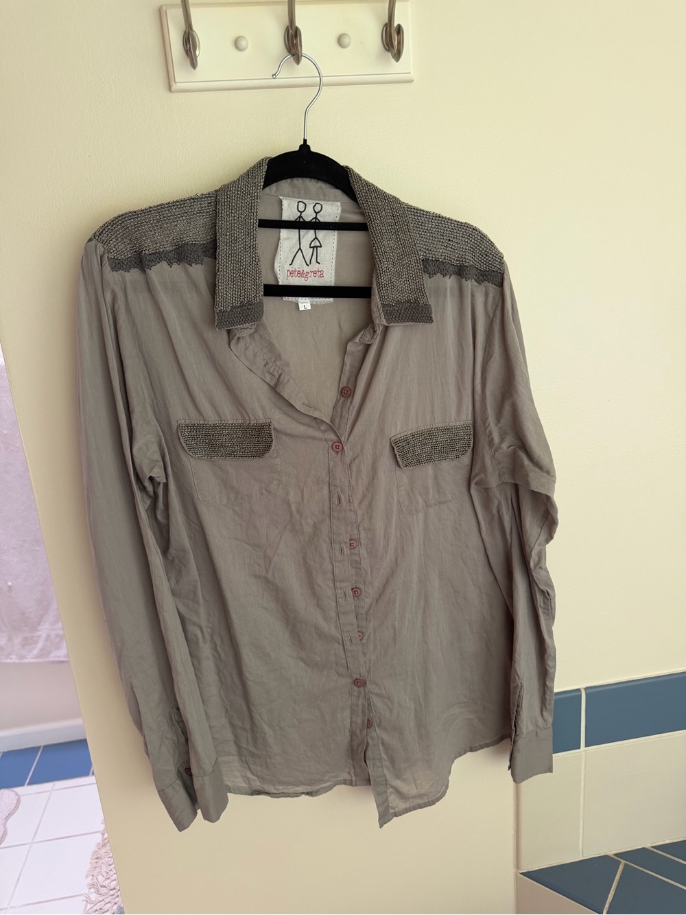 Embroidery-Trim Taupe Button-Down Shirt